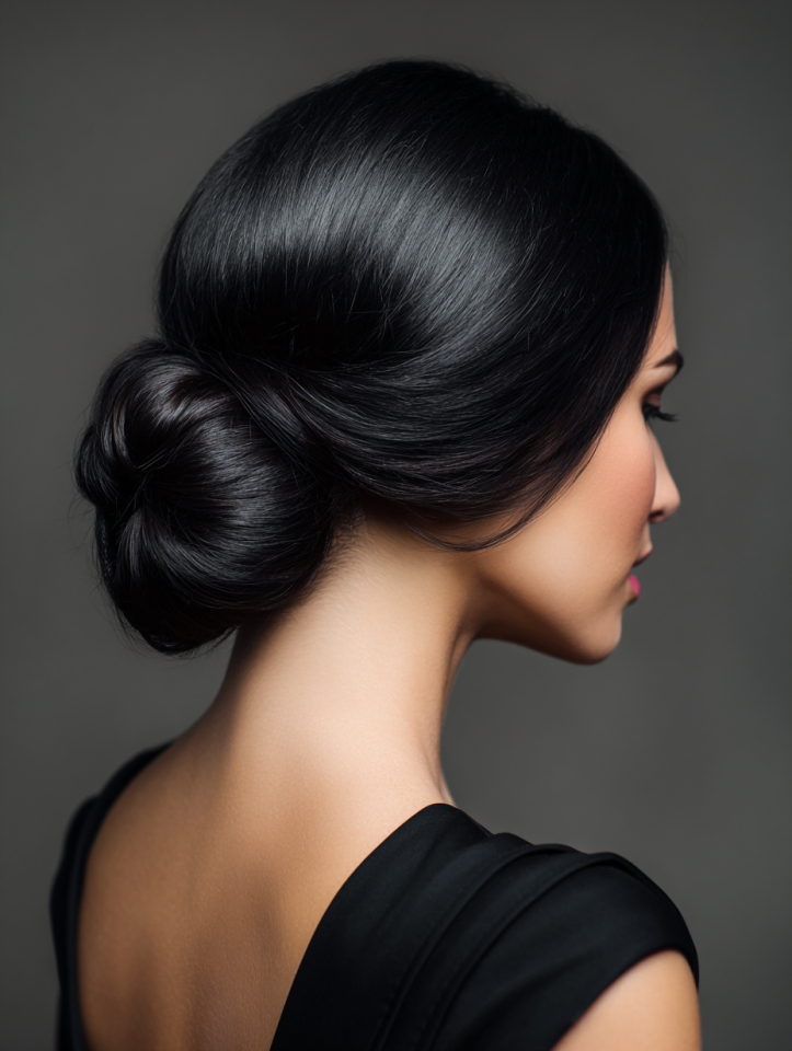 Elegant low chignon hairstyle for thick hair